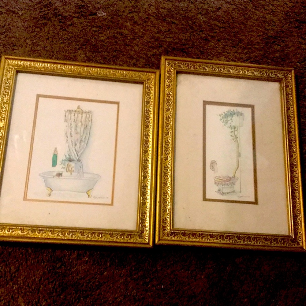 Peggy Abrams signed Bath Wall Art Set in gold frames 14.25x12.25 and 11.25x15.25